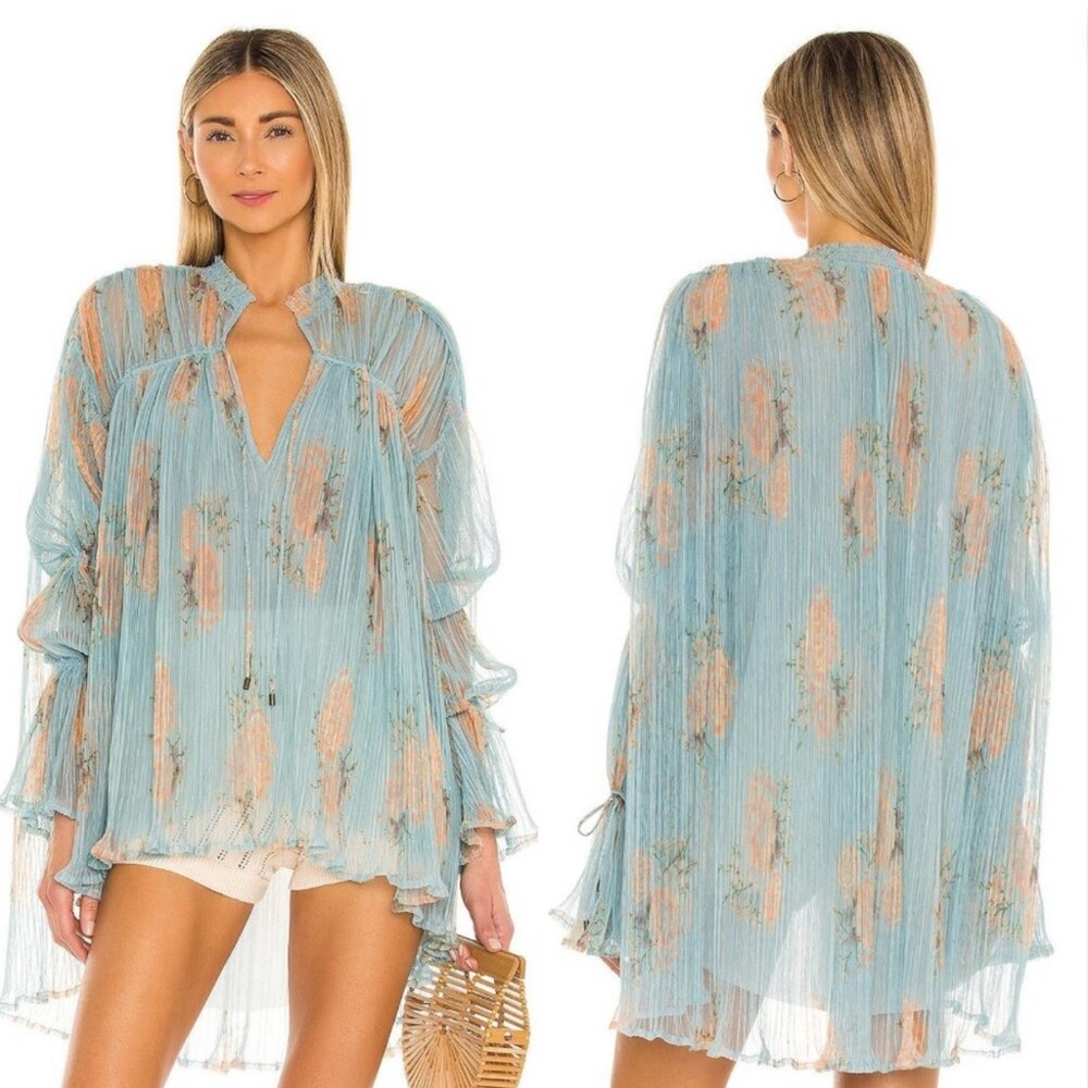 Free People Dahlia Boho Flowy Floral Tunic in Blue